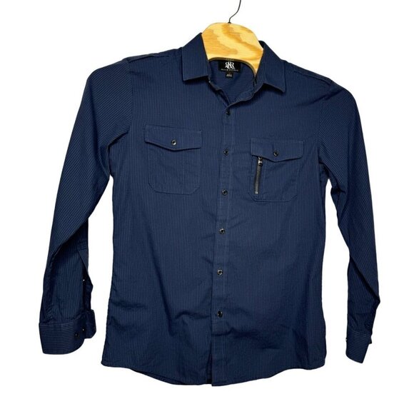Rock & Republic Button Down Long Sleeve Shirt w/ Roll Tabs SZ Medium Dark Blue - Picture 1 of 11